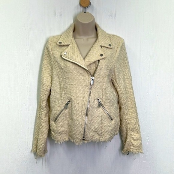 H&M - Cream Textured Tweed With Silver Hardware Moto Biker Jacket Size 6 - Picture 2 of 12
